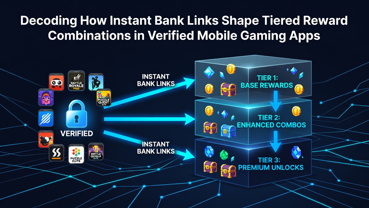 Illustration von gestaffelten Belohnungskombinationen und Bankverknüpfungen auf mobilen Geräten