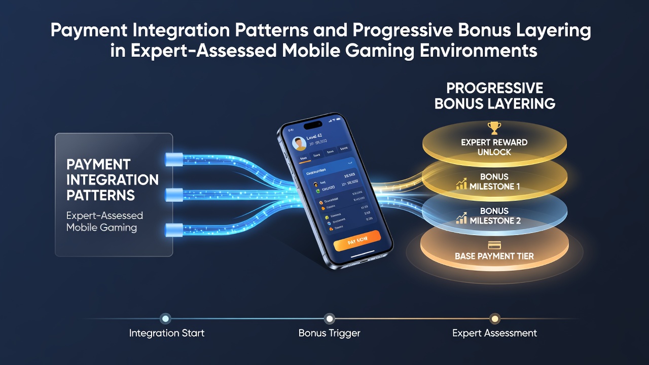 Diagramme zeigen Zahlungsintegrationsmuster in mobilen Gaming-Apps mit Schichten für Boni und Transaktionen